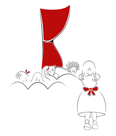Dessin au crayon représentant des enfants dans une salle de spectacle.Au premier plan une fillette debout avec des couettes et un noeud rouge.